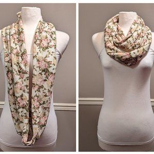Beige Green Pink Tan Floral Infinity Scarf